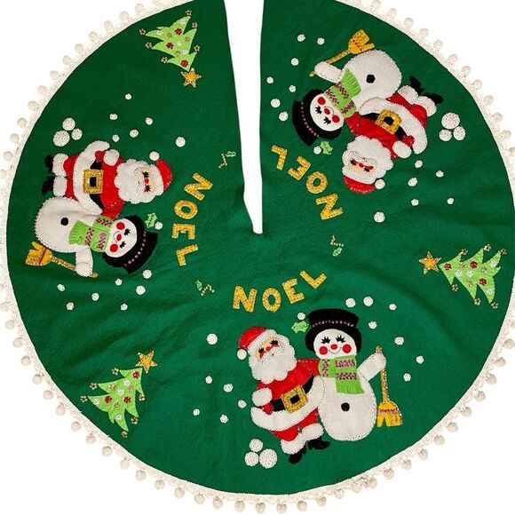 Vintage Bucilla Jeweled Christmas Tree Skirt Noel Handmade Santa Snowman Green